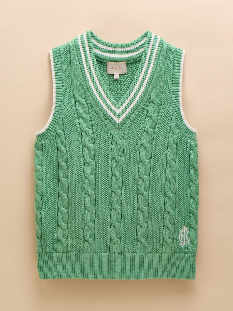 Joules Deuce Green Cable Knitted Cotton Vest - Image 6 of 6