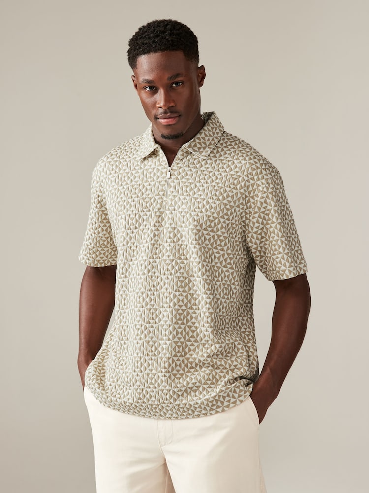 Neutral Geo Relaxed Fit Zip Neck Polo Shirt - Image 1 of 7