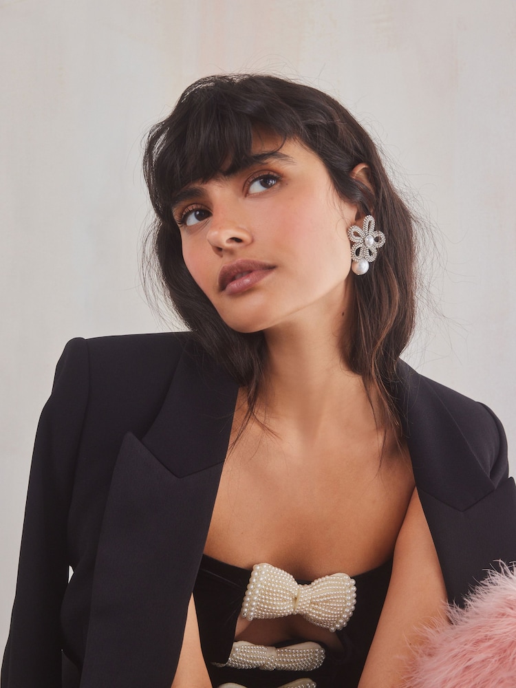 Silver Tone Pearl Flower Drop Earrings - Image 1 of 6 Silver Tone Pearl Flower Drop Earrings - Image 1 of 6