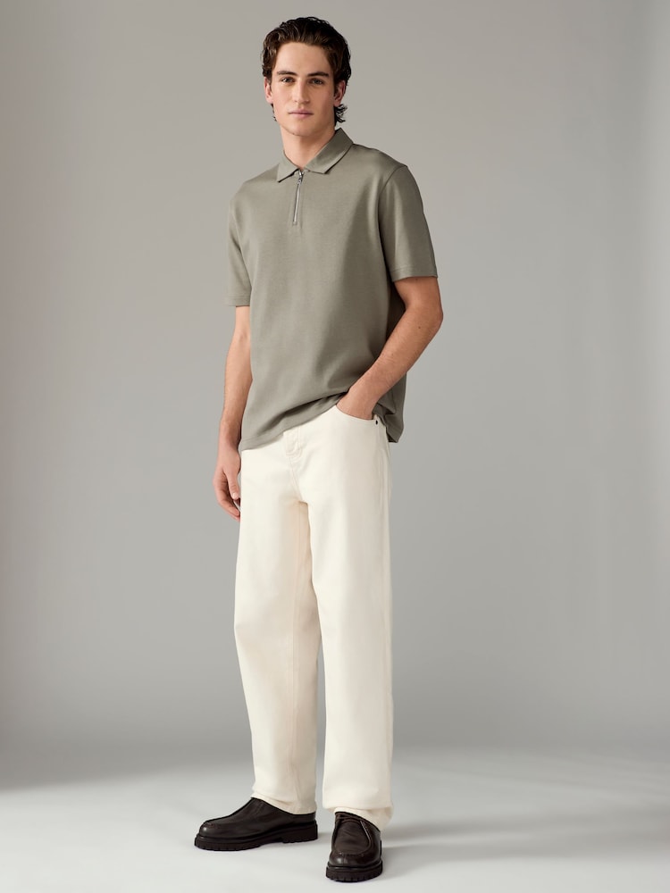Neutral Relaxed Fit Heavyweight Quarter Zip Polo Shirt - Image 2 of 8