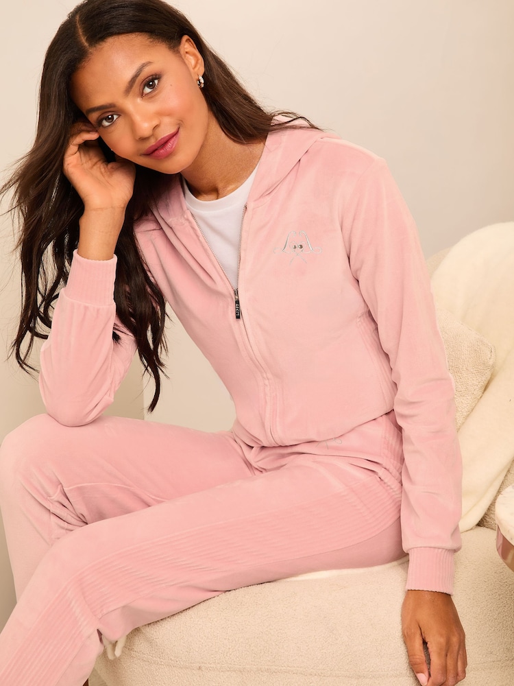 Lipsy Pink Velour Zip Through Hoodie - Image 1 of 4