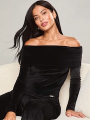Lipsy Black Velour Long Sleeve Bardot Top - Image 1 of 4