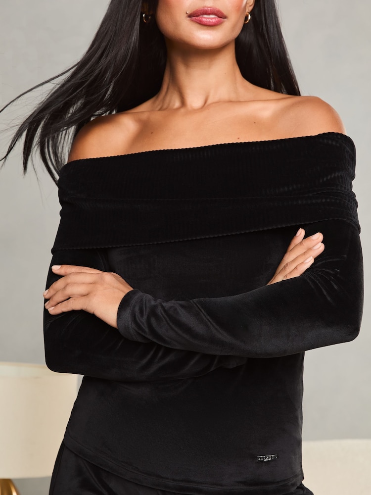 Lipsy Black Velour Long Sleeve Bardot Top - Image 2 of 4 Lipsy Black Velour Long Sleeve Bardot Top - Image 2 of 4