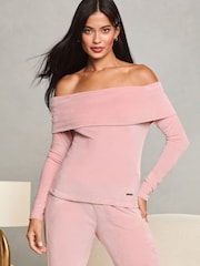 Lipsy Pink Velour Long Sleeve Bardot Top - Image 1 of 4