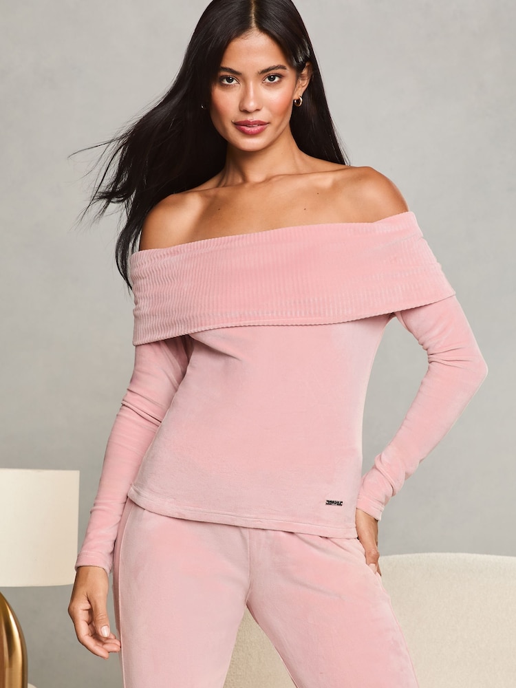 Lipsy Pink Velour Long Sleeve Bardot Top - Image 1 of 4