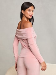 Lipsy Pink Velour Long Sleeve Bardot Top - Image 4 of 4