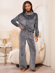 Lipsy Grey Animal Velour Wide Leg Pyjama Set - Image 1 of 4