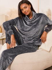 Lipsy Grey Animal Velour Wide Leg Pyjama Set - Image 2 of 4