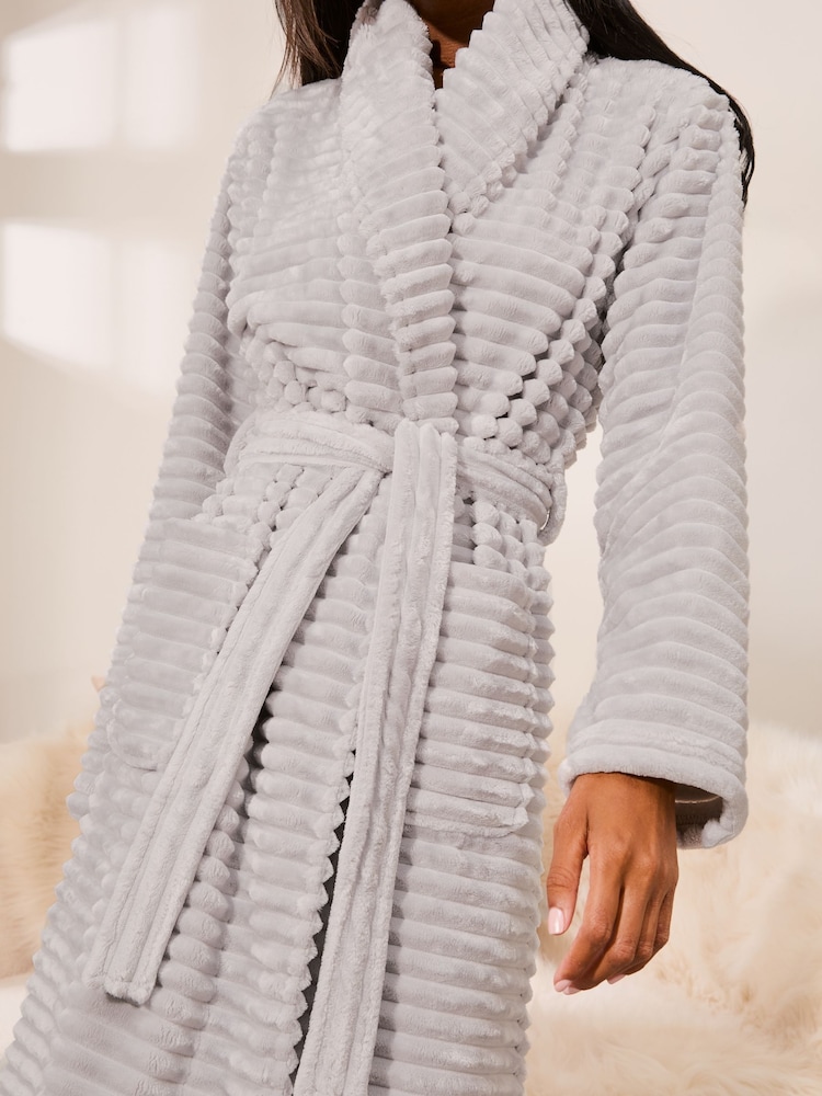 Lipsy Grey Super Soft Textured Detail Dressing Gown - Image 2 of 4 Lipsy Grey Super Soft Textured Detail Dressing Gown - Image 2 of 4