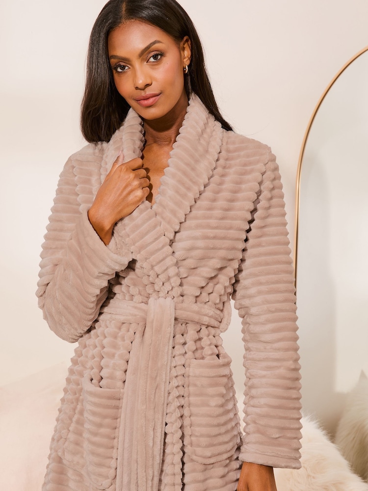 Lipsy Brown Super Soft Textured Detail Dressing Gown - Image 2 of 4