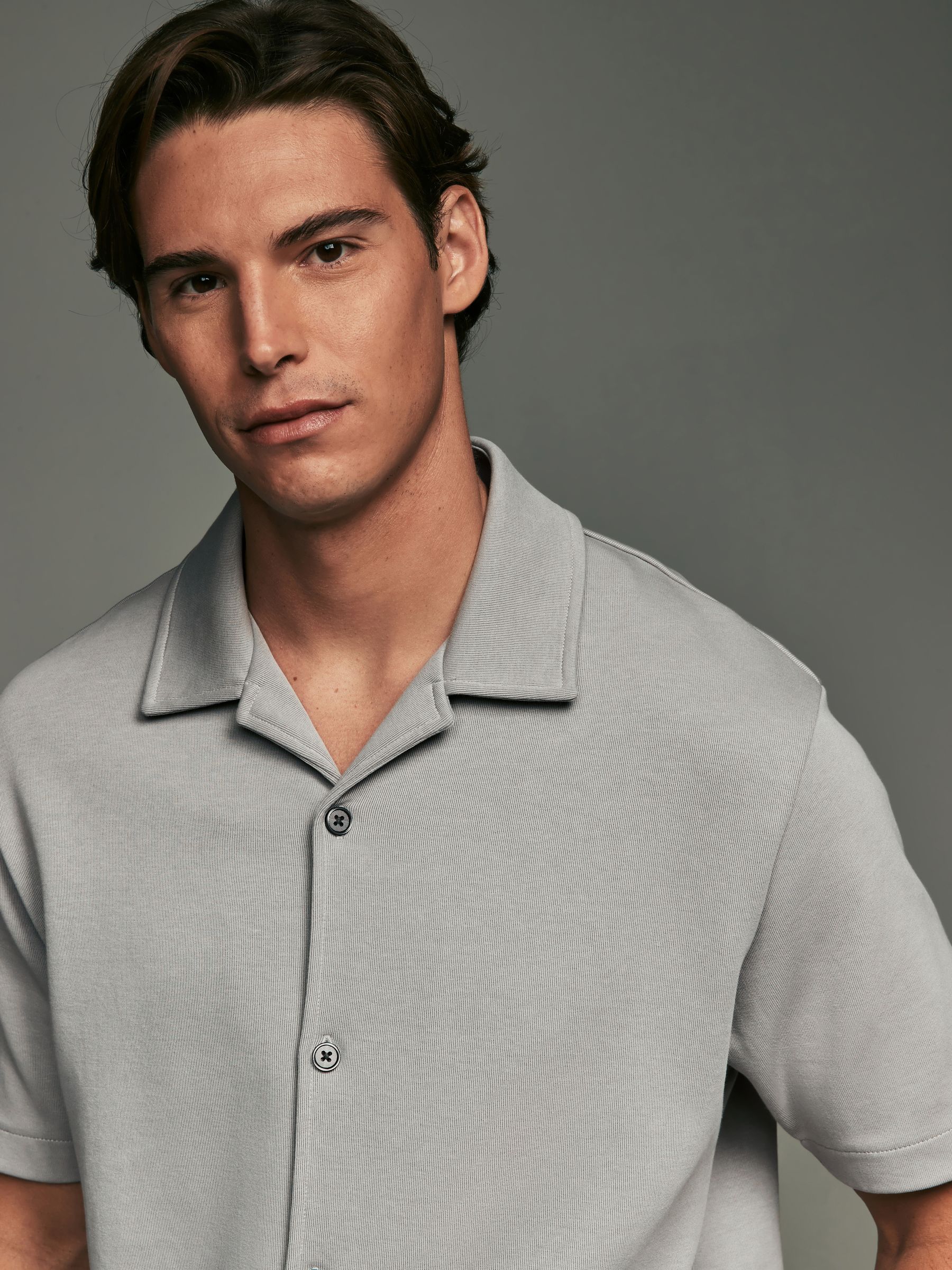 Men's Abstract Grey Cuban Collar Relaxed Fit Shirt