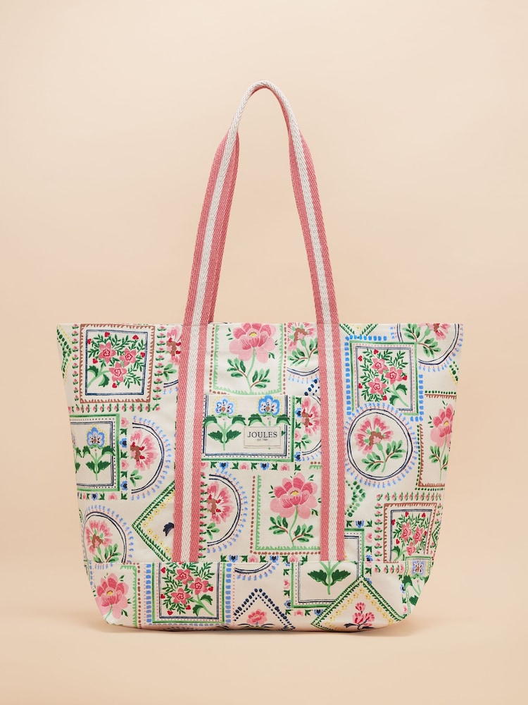Joules Promenade Cream Tile Print Canvas Beach Bag - Image 1 of 7