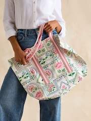 Joules Promenade Cream Tile Print Canvas Beach Bag - Image 3 of 7