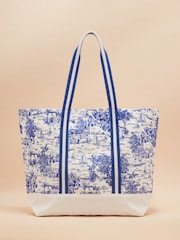 Joules Promenade Blue & White Toile de Jouy Canvas Beach Bag - Image 1 of 7