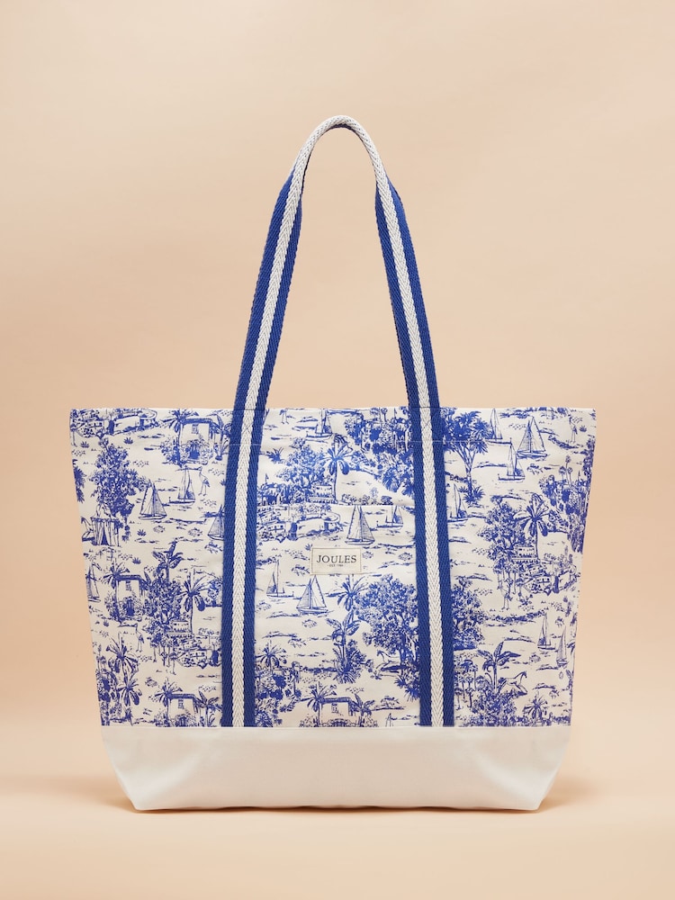 Joules Promenade Blue & White Toile de Jouy Canvas Beach Bag - Image 1 of 7