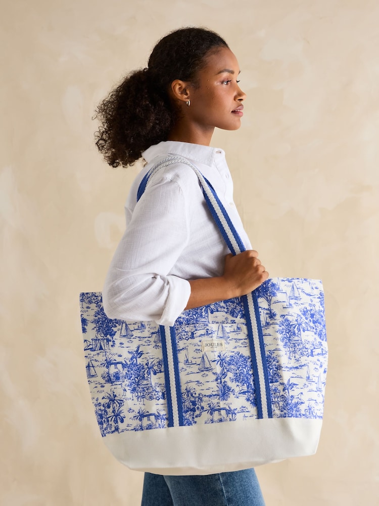 Joules Promenade Blue & White Toile de Jouy Canvas Beach Bag - Image 2 of 7