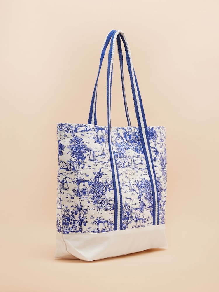 Joules Promenade Blue & White Toile de Jouy Canvas Beach Bag - Image 4 of 7