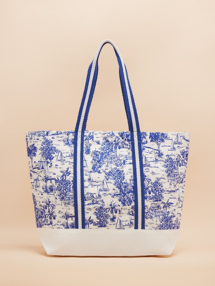 Joules Promenade Blue & White Toile de Jouy Canvas Beach Bag - Image 5 of 7