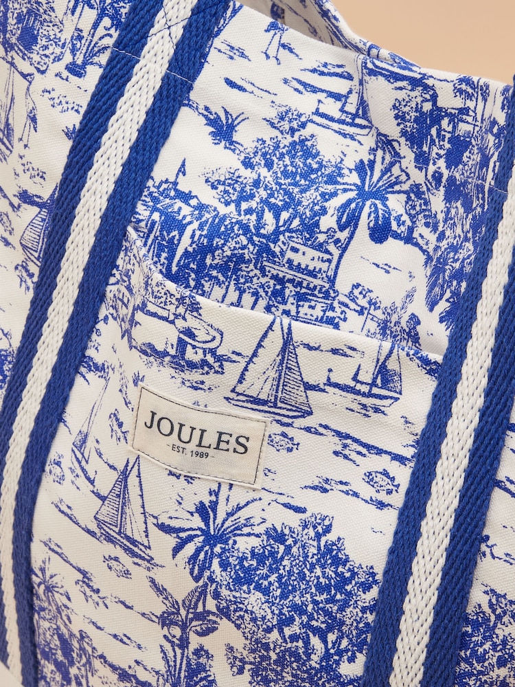 Joules Promenade Blue & White Toile de Jouy Canvas Beach Bag - Image 6 of 7