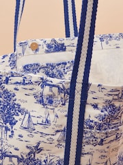 Joules Promenade Blue & White Toile de Jouy Canvas Beach Bag - Image 7 of 7