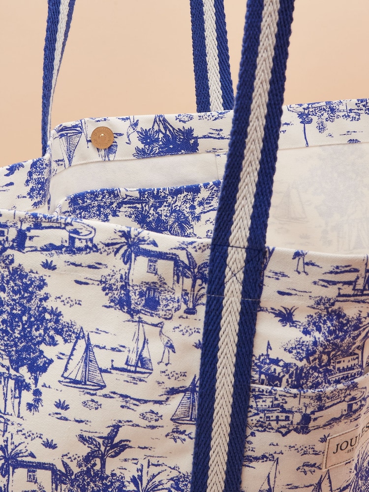Joules Promenade Blue & White Toile de Jouy Canvas Beach Bag - Image 7 of 7