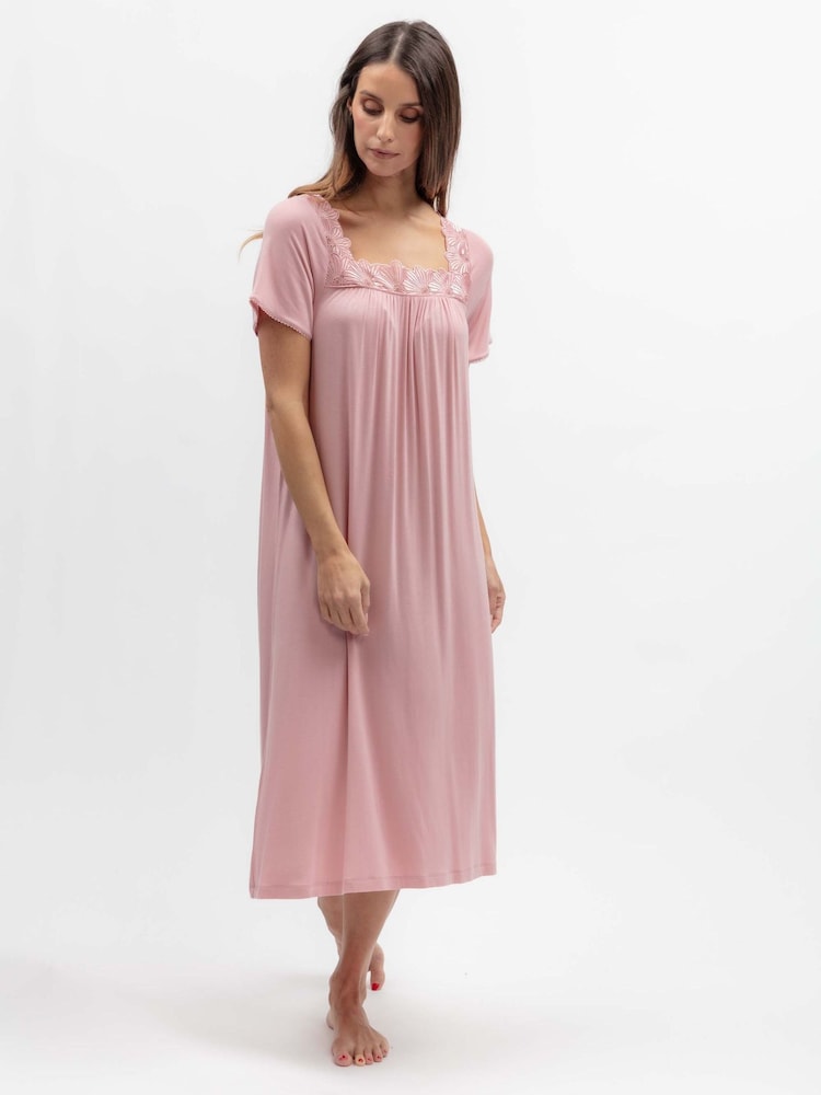 Nora Rose Pink Jersey Square Neck Long Nightdress - Image 1 of 3 Nora Rose Pink Jersey Square Neck Long Nightdress - Image 1 of 3
