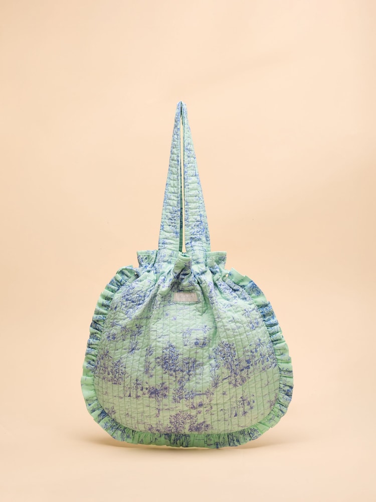 Green & Blue Toile de Jouy - Joules Nella Cotton Frill Tote Bag - Image 3 of 8