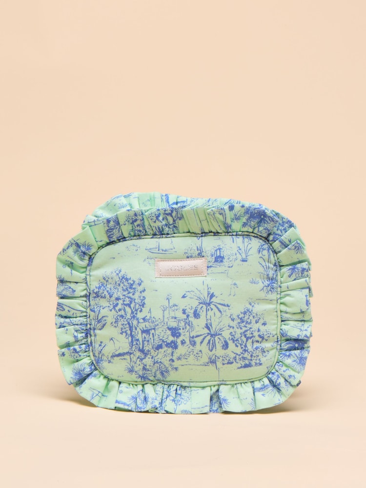 Green & Blue Toile de Jouy - Joules Nina Cotton Frill Wash Bag - Image 1 of 5