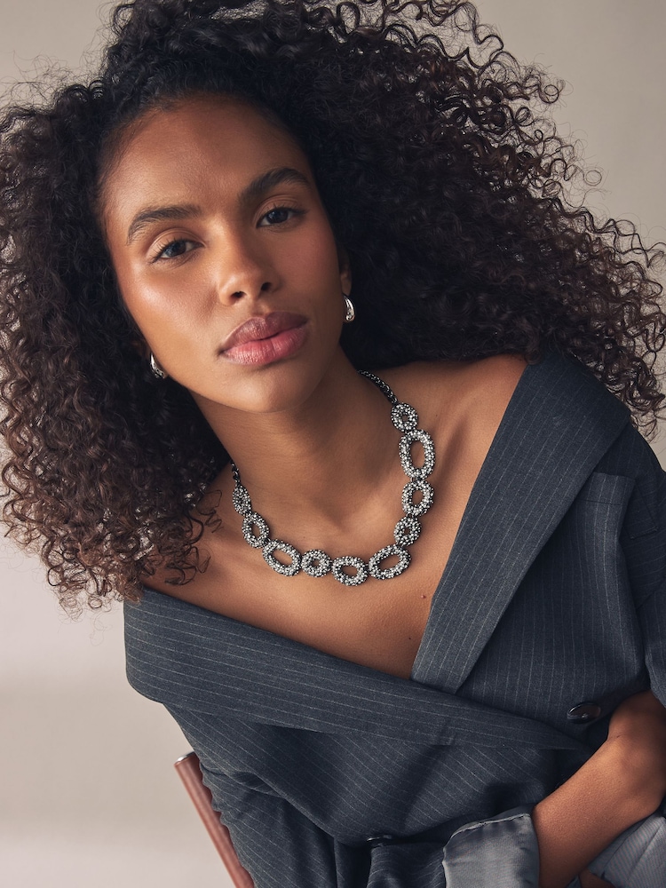 Silver Tone Gunmetal Sparkle Pave Short Necklace Made With Recycled Metals - Image 1 of 4