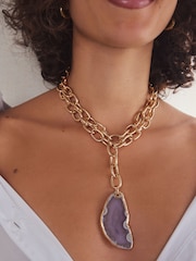 Gold Tone Semi Precious Stone Two Row Necklace Made With Recycled Steel and Brass - Image 2 of 5