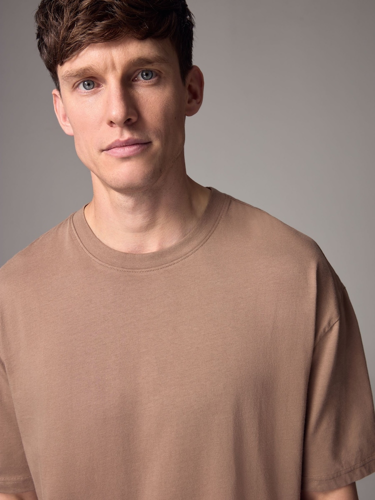 Stone Mid Relaxed Fit Essential Crew Neck Cotton T-Shirt - Image 1 of 7