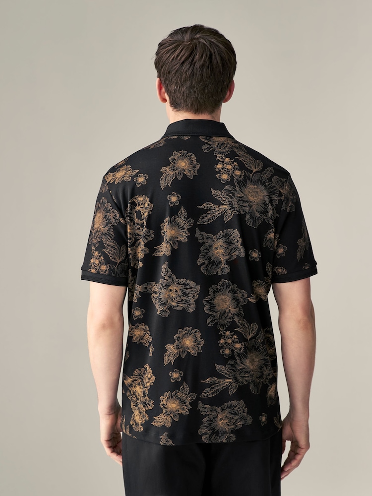 Schwarz/Blumenmuster - Signature Polo-Shirt aus Modal - Bild 2 von 8 Schwarz/Blumenmuster - Signature Polo-Shirt aus Modal - Bild 2 von 8