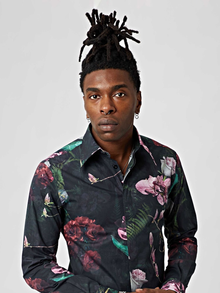 Twisted Tailor Black Slim Fit Facionne Floral 100% Cotton Shirt - Image 1 of 3