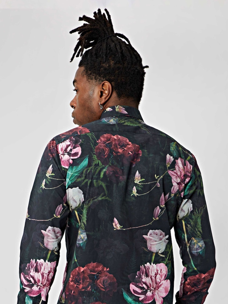 Twisted Tailor Black Slim Fit Facionne Floral 100% Cotton Shirt - Image 2 of 3