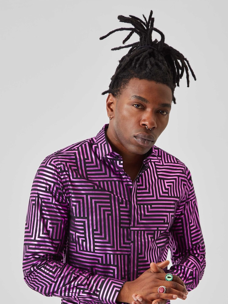 Twisted Tailor Slim Fit Sayagata Geometric 100% Cotton Shirt - Imagen 1 de 3