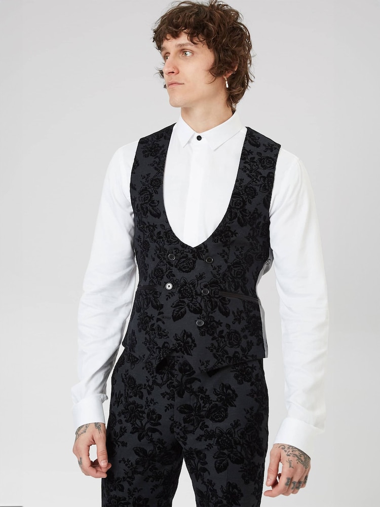 Twisted Tailor Black Skinny Fit Fleet Floral Tuxedo Waiscoat - Image 1 of 4