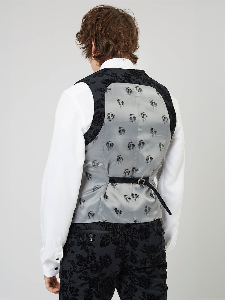Twisted Tailor Black Skinny Fit Fleet Floral Tuxedo Waiscoat - Image 2 of 4