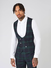 Twisted Tailor Green Skinny Fit Ginger Wool Tartan Waistcoat - Image 1 of 4