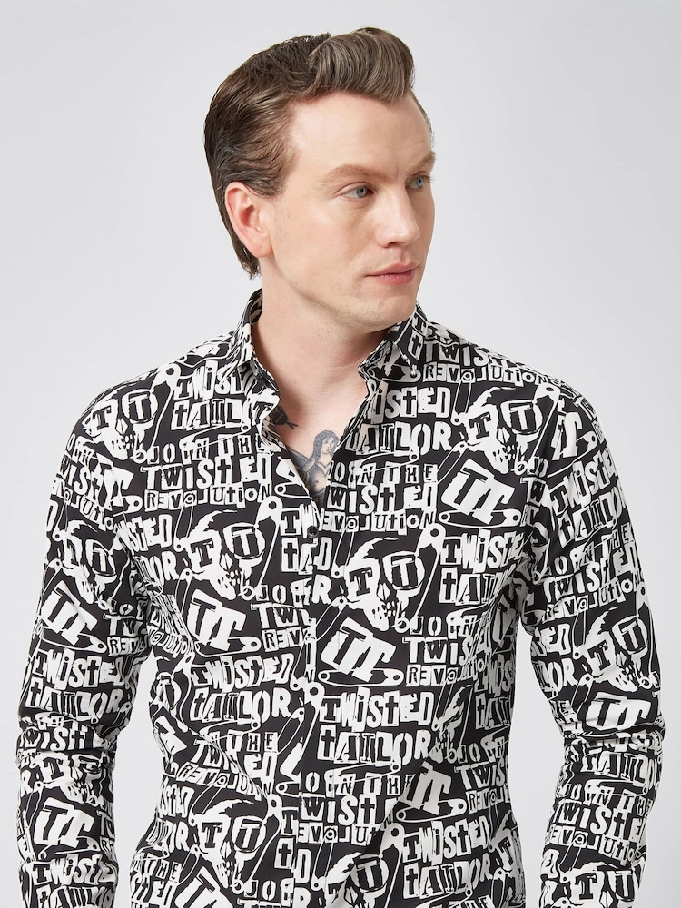 Twisted Tailor Black Slim Fit Ransom Graphic Punk 100% Cotton Shirt - Image 1 of 3