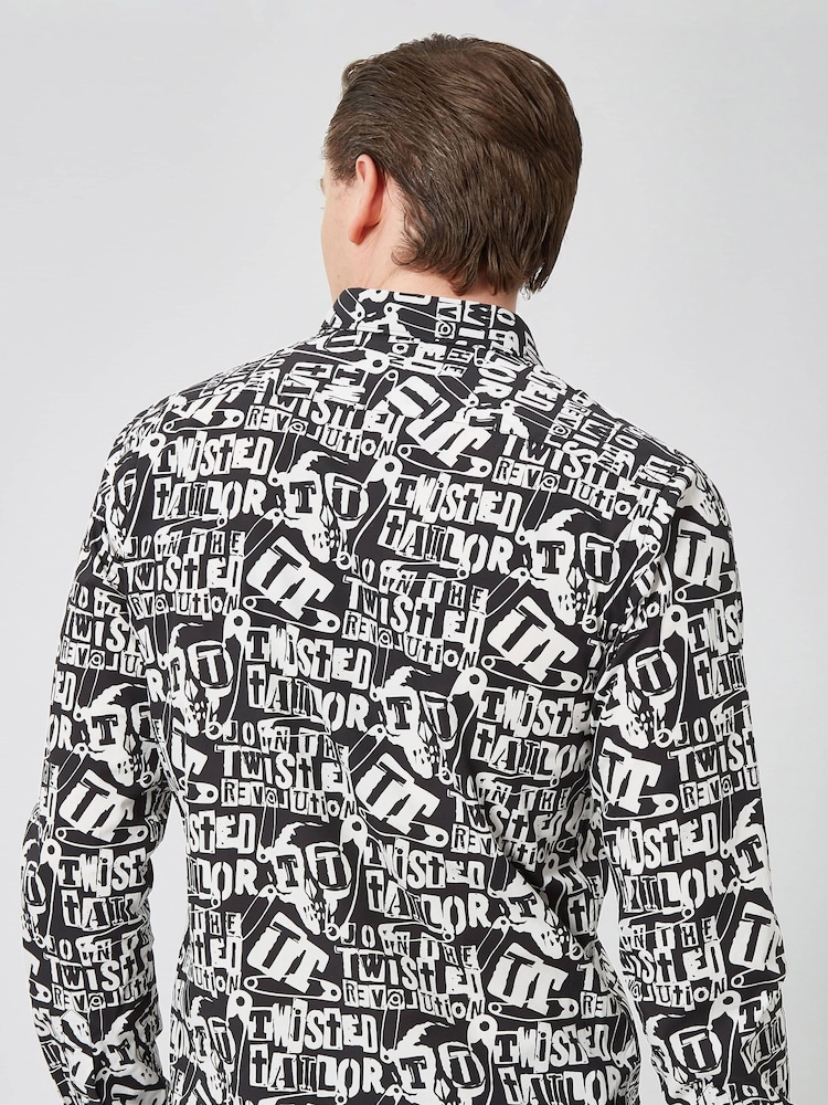 Twisted Tailor Black Slim Fit Ransom Graphic Punk 100% Cotton Shirt - Image 2 of 3