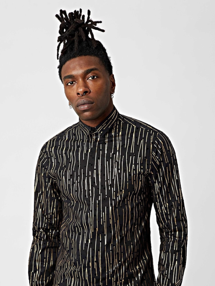 Twisted Tailor Black Slim Fit Sagrada Foiled Patterned 100% Cotton Shirt - Image 1 of 3