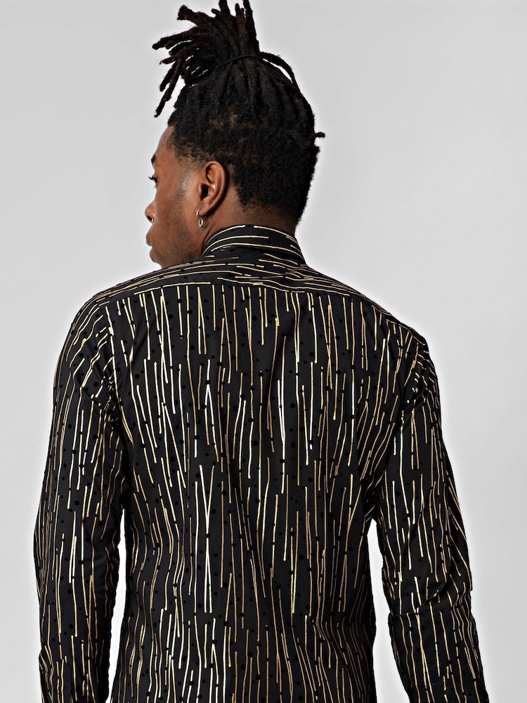 Twisted Tailor Black Slim Fit Sagrada Foiled Patterned 100% Cotton Shirt - Image 2 of 3