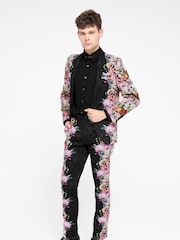 Twisted Tailor Black Skinny Fit Ikeda Cotton Floral Jacket - Image 1 of 5