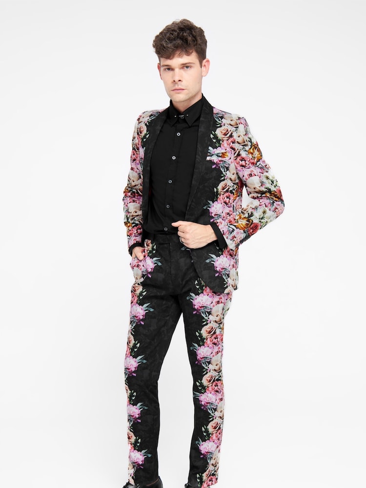Twisted Tailor Black Skinny Fit Ikeda Cotton Floral Jacket - Image 1 of 5