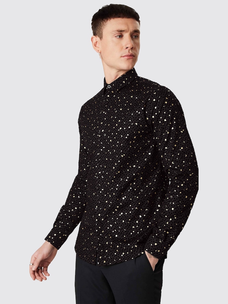 Twisted Tailor Black Skinny Fit Farrow Shirt With Black and Gold Spot Print - Image 1 of 3
