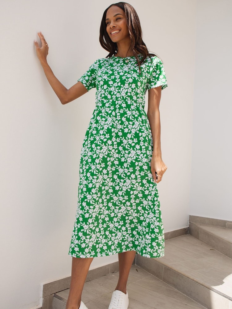 Threadbare Green Floral 100% Cotton Leopard Print Smock Style Midi Dress - Image 1 of 4 Threadbare Green Floral 100% Cotton Leopard Print Smock Style Midi Dress - Image 1 of 4