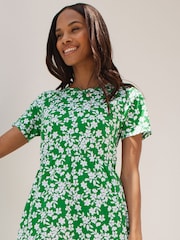 Threadbare Green Floral 100% Cotton Leopard Print Smock Style Midi Dress - Image 2 of 4