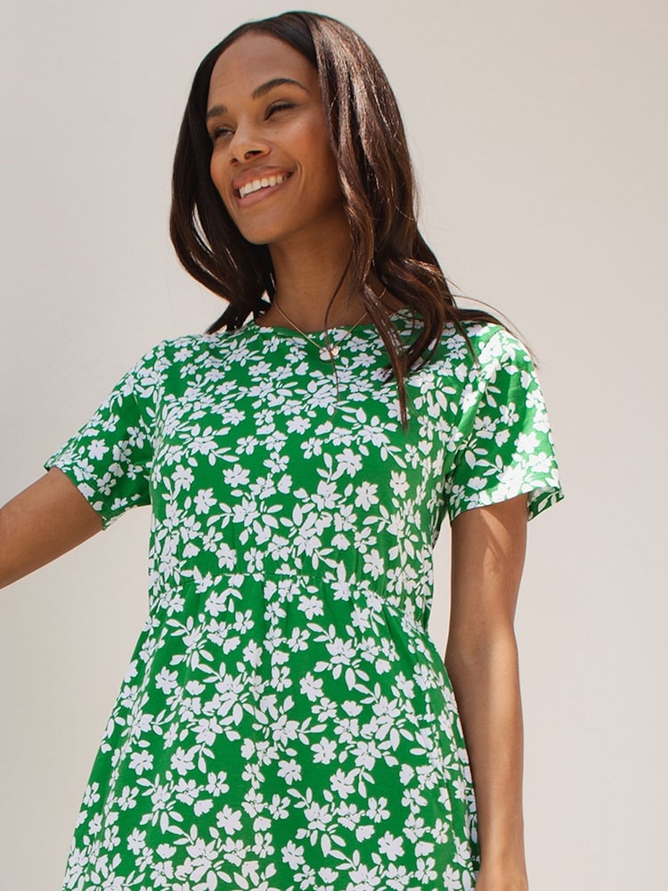 Threadbare Green Floral 100% Cotton Leopard Print Smock Style Midi Dress - Image 2 of 4