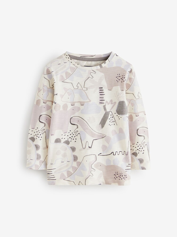 Ecru White 100% Cotton Dino Print Long Sleeve T-Shirt - Image 1 of 1