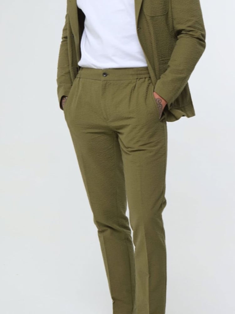 Harry Brown Green Deakin Cotton Linen Seersucker Tailored Fit Trousers - Image 1 of 5